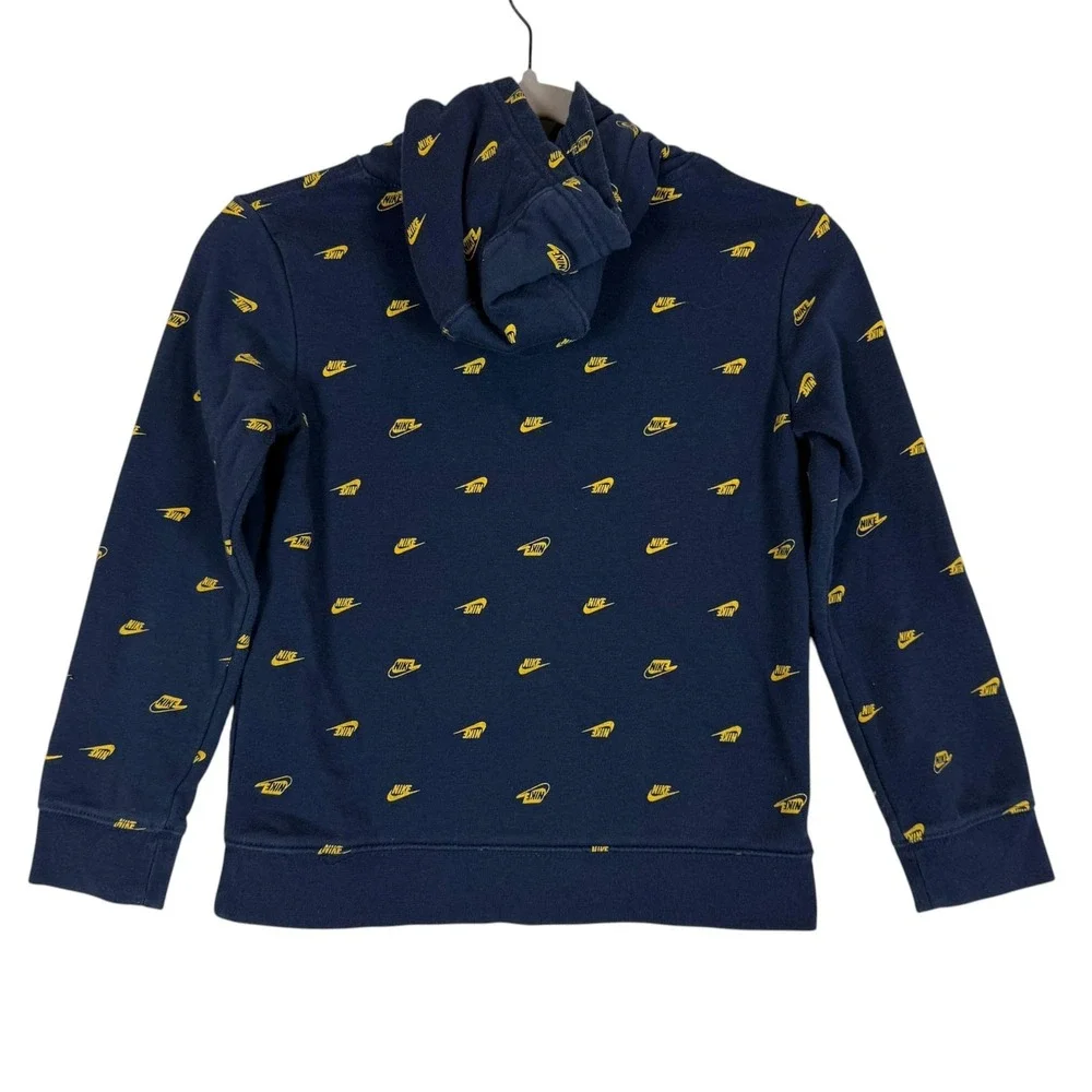 Nike Hoodie Sweatshirt Kids 6-7 Blue Fleece Pullover Allover Swoosh Logo Graphic